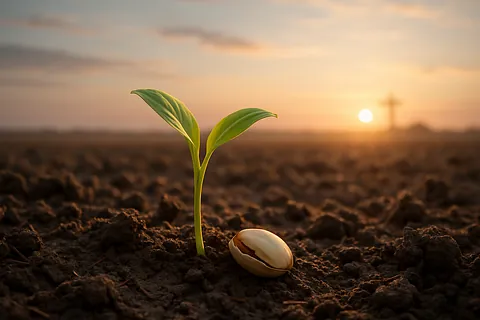 Keimlimg und Samen auf einem Feld im Sonnenaufgang